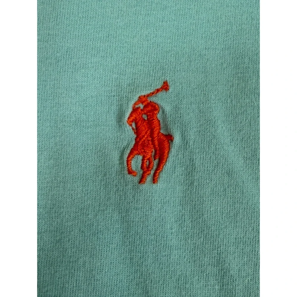 Polo Ralph Lauren Mens V-Neck T-Shirt Medium Aqua Blue Cotton Orange Pony Logo